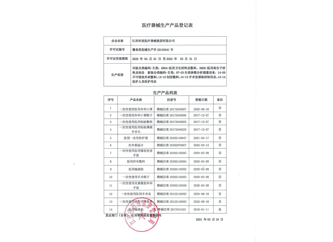 Medical device production product registration form